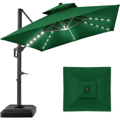 10x10ft 2-Tier Square Cantilever Patio Umbrella with Solar LED Lights, Offset Hanging Outdoor Sun Shade