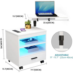 LED Nightstand w/ Charging Station & Sockets, Modern Bedside Table, Large Side End Table, Laptop Tray Workstation, Movable Wheel