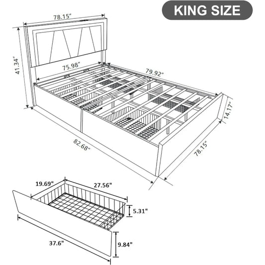 Bed Frame, Adjustable Headboard with LED Lights and 4 Stoarge Drawers, Upholstered Platform Bed with Charging Station, Bed Frame