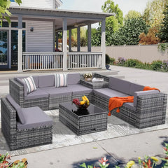 8PCS Outdoor Wicker Rattan Patio Furniture Sectional Set with Hidden Storage 7 Sofa Sections Oversized Cushions