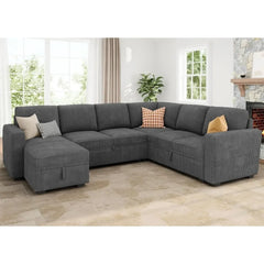 Modular Sectional Sleeper Sofa Bed, Corduroy Pull Out Couch with Storage Ottoman, U Shaped Sectional Couches for Living Room