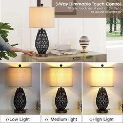 Touch Control Rattan Table Lamps, 3 Way  Bedside Lamps for Bedroom Set of 2 with 2 USB Ports and AC Outlet, Wicker