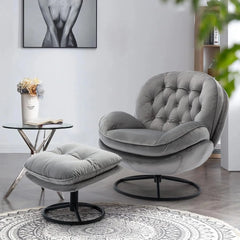 Accent Chair with Ottoman,360 Degree Swivel Velvet Leisure Chair, Lounge Armchair with Metal Base Frame for Living Room, Bedroom