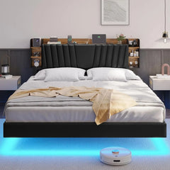 California King Floating Bed Frame with Hidden Storage Headboard and Charging Station Floating Platform Bed with Led Lights