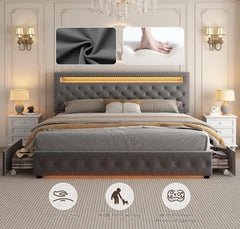 Bed Frame with 4 Storage Drawers, with Smart Control RGBW LED Lights Headboard Footboard, Control DIY Color, Box Sprin