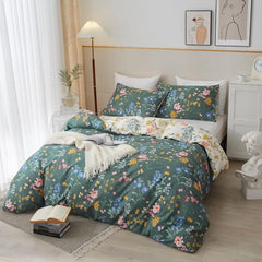 Duvet Cover Queen 100% Cotton, Green Garden Flower Pattern Bedding Duvet Cover Set Full Queen with Pillowcases Durable Zipper