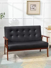 Mid-Century Modern Solid Loveseat Sofa Upholstered Faux Leather Couch 2-Seat Wood Armchair Living Room/Outdoor Lounge C