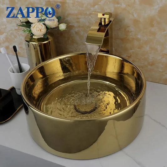 ZAPPO Luxury Gold Vessel Sink Round Ceramic Bathroom Sinks Above Counter Washing Sink Faucet Combo with Drain Deck Basin Sinks