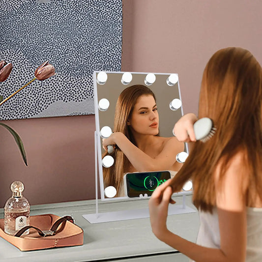 FENCHILIN White Vanity Mirror with Lights Wireless Charger Bluetooth Speaker Hollywood Makeup Mirror with 12 Dimmable Bulbs