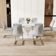 Dining Table Set for 6, Kitchen Table Chairs Set of 6, Modern Dining Room Set with 63'' Marble Dinner Table PU Leather Chairs