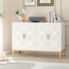 48" Sideboard Buffet Cabinet with Storage, White & Gold Floral Accent Storage Cabinet with 4 Doors, Credenza for Living Room