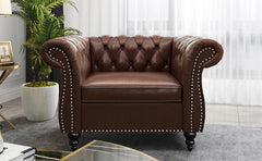 3 piece living room set, cheongsam leather sofa loveseat couch chair with scroll arms and nailhead for living room office (Sudar