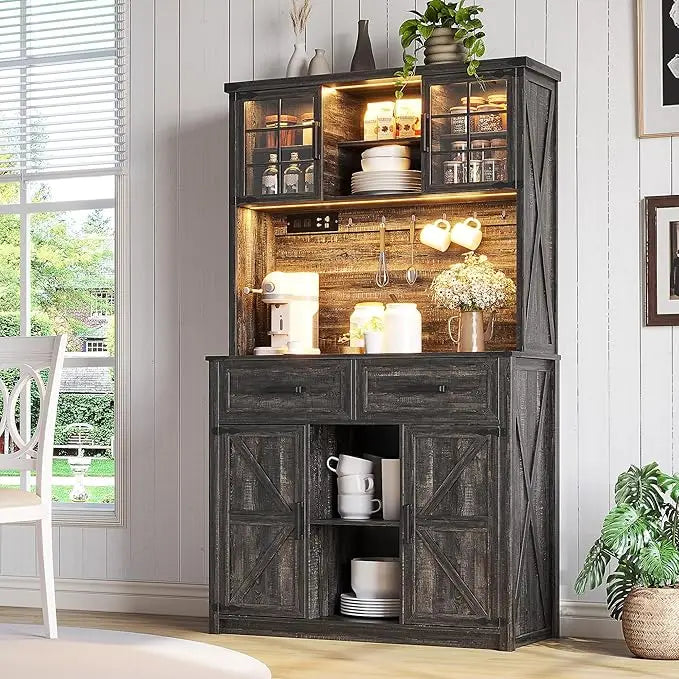 Bar Cabinet with LED Lights & Power Outlets, Kitchen Buffet with Hutch & 2 Large Drawers, Barn Door Design, 8 Storage Shelves