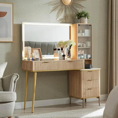 Fluted Makeup Vanity Desk with 36" HD Lighted Mirror,Vanity Desk with Mirror and Lights, Dressing Table with 5 Drawers & Shelves