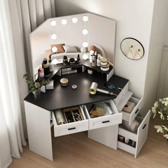 Corner Vanity Desk with Tri-Fold Mirror and Adjustable Light, Makeup Dressing Table with Power Outlet, 3 Drawers, Vanity Desk