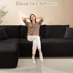 106" Cloud Sectional Couch with Chaise Longue,L Shaped Modular Modern Sofa,Comfy Corduroy Fluffy Couch Plush Corduroy, Beige