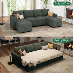 Modular Sectional Sleeper Sofa Bed, Corduroy Pull Out Couch with Storage Ottoman, U Shaped Sectional Couches for Living Room