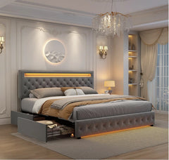 Bed Frame with 4 Storage Drawers, with Smart Control RGBW LED Lights Headboard Footboard, Control DIY Color, Box Sprin