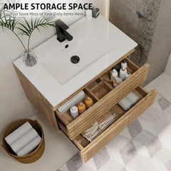 Floating Bathroom Vanity with Sink Combo Mid-Century Wall Mounted Cabinet Set with Wood Stripes, Drawers