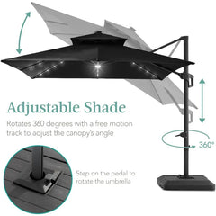 10x10ft 2-Tier Square Cantilever Patio Umbrella with Solar LED Lights, Offset Hanging Outdoor Sun Shade