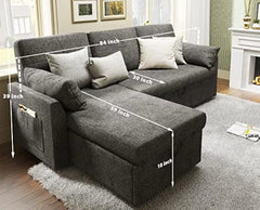 Sofa Bed, 2 in 1 Pull Out Couch Bed with Storage Chaise for Living Room, Sofa Sleeper with Pull Out Bed, Gray Chenille Couch