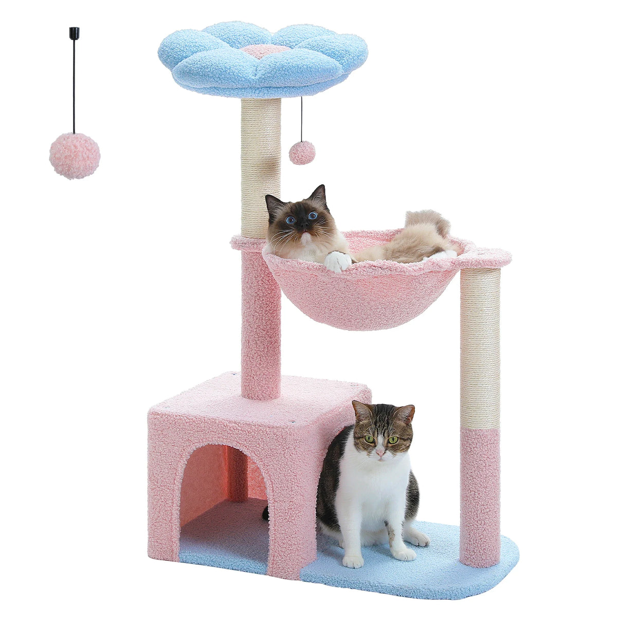 Flower Cat Tree with Large Metal Frame Hammock Cute Cat Tower with Sisal Scratching Posts for Small Indoor Cats with Pink Perch