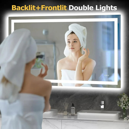 LED Bathroom Mirror with Lights Wall Vanity LED Mirror Stepless Dimmable, Double Front and Backlight, Memory Smart Mirror