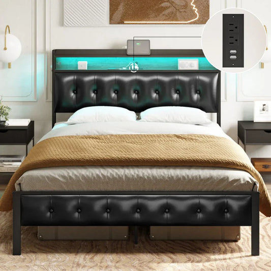 Bed Frame with Charging Station And RGB LED Lights, Platform Bed with Upholstered Headboard And Storage Shelf, Full Queen King S