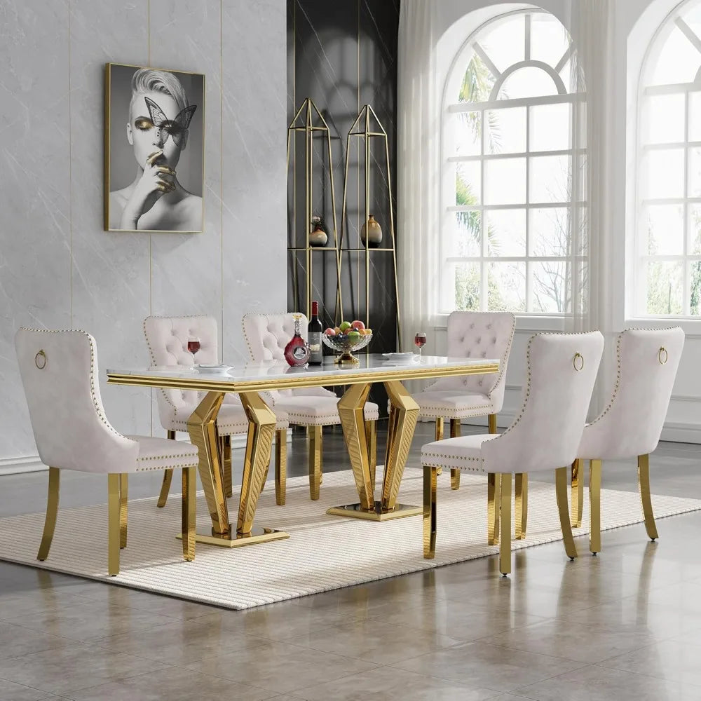 70 Inch Luxury Marble Dining Table Set, Modern Imitation Marble Dining Table, Equipped with 6 Sets of White Velvet Dining Chairs