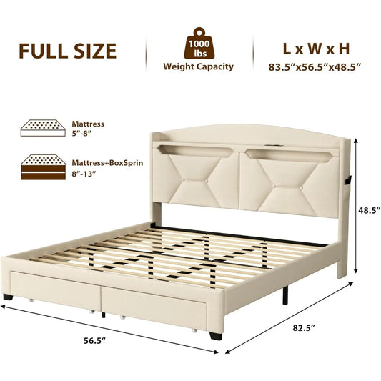 Full Bed Frame with Storage Headboard, Upholstered LED Bed Frame with 2 Storage Drawers Charging Station,Wood Slats Support