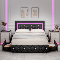 Full Size Bed Frame w LED Lights, Upholstered Bed Frame with 4 Storage Drawers,Platform Bed with Diamond Headboard and Footboard