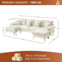 U-Shaped Sectional Sofa Couch, 4 Seat Sofa Set for Living Room, Convertible L-Shaped Velvet Couch Set with Chaise Lounge