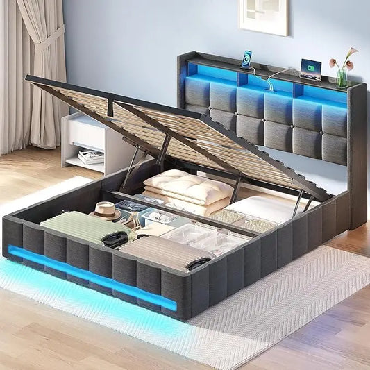 Bed Frame Twin Size with Lift Up Storage, Charging Station & LED Lights, Upholstered Storage Headboard, Wooden Slats, Beds