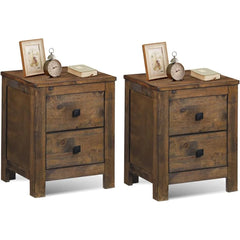 Nightstand Set of 2 with 2 Drawer, Exquisite Knobs for Small Space Bedroom, Fully-Assembled Rustic Nightstand