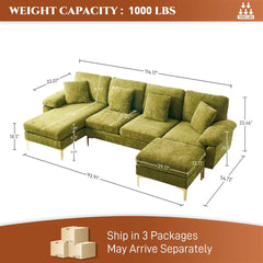 U-Shaped Sectional Sofa Couch, 4 Seat Sofa Set for Living Room, Convertible L-Shaped Velvet Couch Set with Chaise Lounge