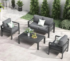 QLayinSun Aluminum Furniture with Fire Pit Table, 5 Pieces Patio Sectional Conversation Chat Sofa Modern Seating Set