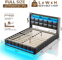 Bed Frame Full Size with Lift Up Storage, Charging Station & LED Lights, Upholstered Storage Headboard, Heavy Duty Wooden Slats