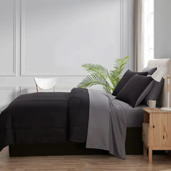 Black 7-Piece Bedding Set Comforter Sheets Shams Pillowcases Polyester Reversible King Size Sleep Soundly Easy Care Machine