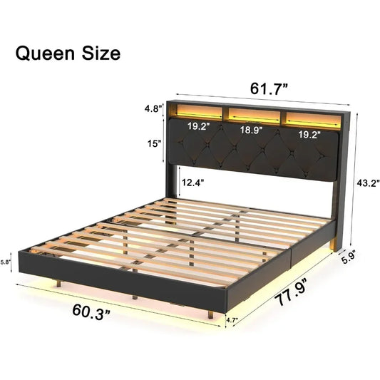 Queen Size Bed Frame with LED Lights, Charging Station, USB & Type C Port, Storage Headboard, PU Upholstered Floating Bed Frame