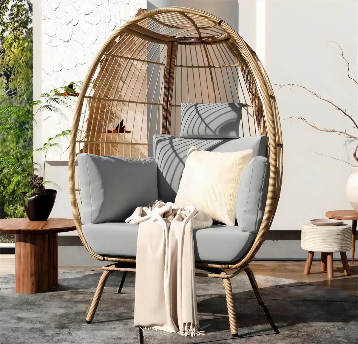 Egg Chair Wicker Outdoor Indoor, Oversized Lounger with 370lbs Capacity Large Egg Chairs with Stand Cushion Egg Basket