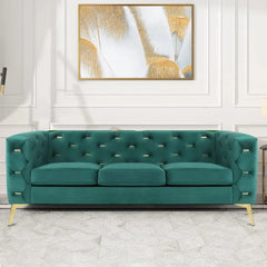 Velvet Button Tufted Upholstered Couch, Settee Sofa with High Arm and Golden Metal Legs, Couches for Living Room Bedroom Office