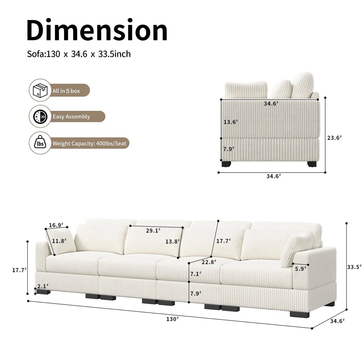 Modular Sectional Sofa, Cloud Couch Sectional 2/3/4 Seater, Corduroy Fabric Sectional Couch with Pillows for Modern Living Room