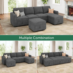 Modular Sectional Sleeper Sofa Bed, Corduroy Pull Out Couch with Storage Ottoman, U Shaped Sectional Couches for Living Room