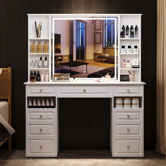 Extra Large Vanity Desk with Lighted Mirror,Huge Desktop Makeup Vanity Table with 9 Drawers, Crystal Ball Knobs