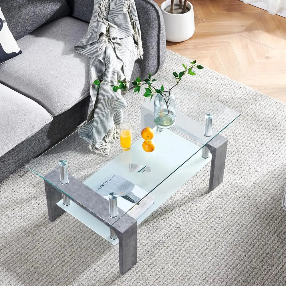 Living Room Rectangle Coffee Table, Tea Table Suitable for Waiting Room, Modern Side Coffee Table with Wooden Leg, Glass