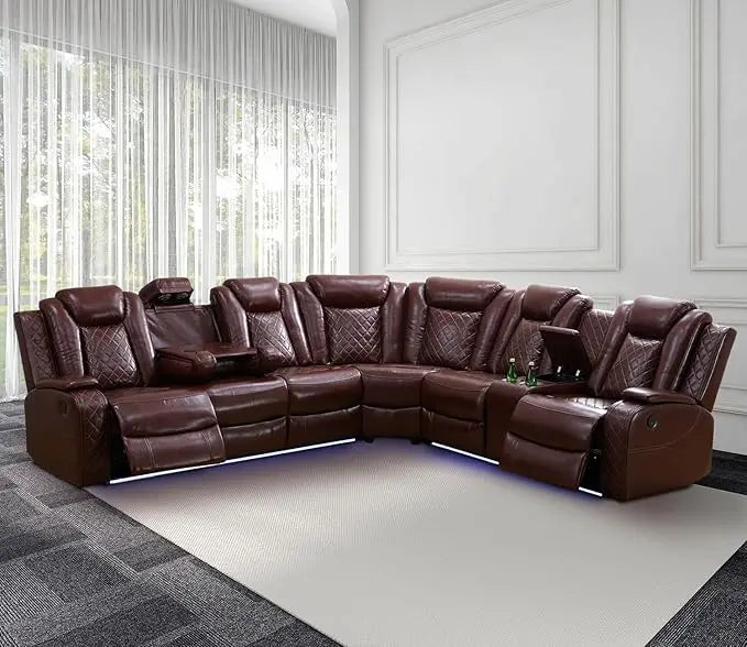 Recliner, Power Recliner Sofa Sectional Couches with LED Light, Leather Reclining Corner Sectional Sofa Set with 3 Recliner Seat