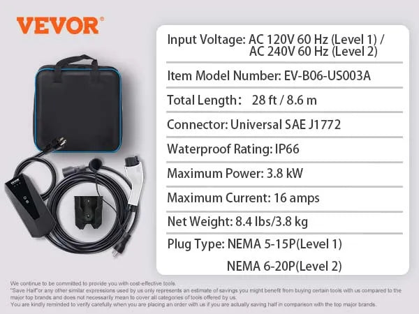 VEVOR Level 2/Level 1+2 Portable EV Charger 16Amp with 28Foot Charging Cable Adjustable Current Plug-in Home EV Charging Station