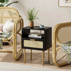 Rattan Nightstand with Charging Station, 2 Drawer Dresser for Bedroom, Small Bedside Table with 2 Drawers, Night Stand,