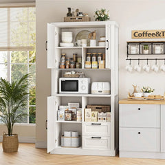 Farmhouse Kitchen Pantry Cabinet with Drawers & Shelves, Wood Storage Cabinet with Barn Doors & Microwave Stand, Cabinets