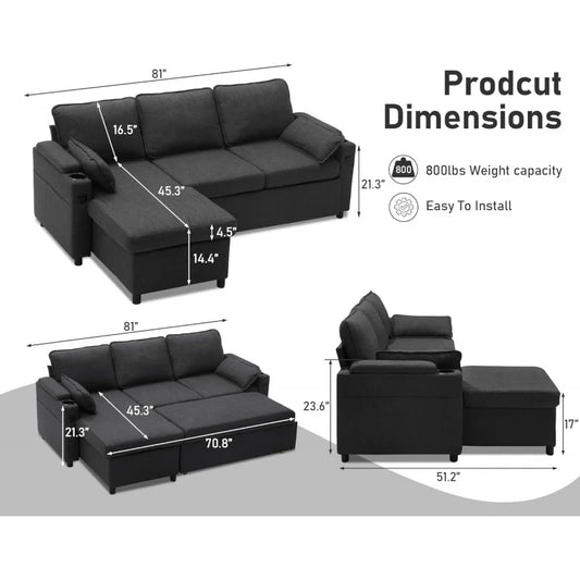 Sofa Bed Sleeper Pull Out 2 in 1 Sectional Couches with Storage,USB,Cup Holder,Pullout Sectional Couches